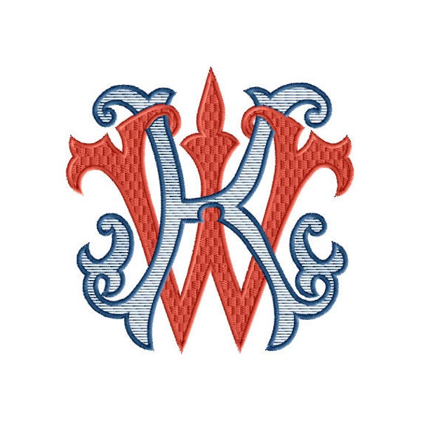 K and W #1 Two-Letter Monogram Combination  Machine  Embroidery Design in 5 Sizes - for 4" x 4" and 5"x 7"  and 8"x8" hoops