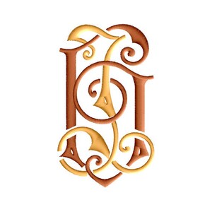 May include: A gold and brown monogram initial with a decorative floral design.