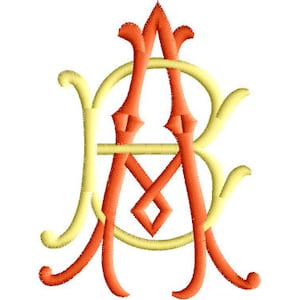 May include: Embroidered monogram design featuring the intertwined letters "A" and "B" in a decorative style. The design uses a combination of orange and yellow thread, creating a visually appealing contrast. Ideal for personalized items.