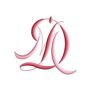 May include: A pink and white cursive letter D monogram embroidery design.