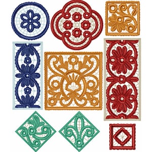 May include: Set of ten embroidery designs featuring intricate floral patterns in various colours, including red, blue, yellow, and green. The designs are perfect for adding a touch of elegance to any project.