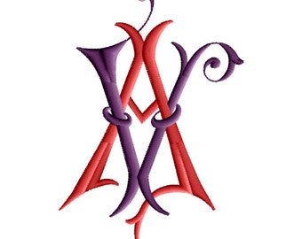 A and V #1 Two-Letter Monogram Combination  Machine  Embroidery Design in 4 Sizes - for 4"x4",  5"x 7" and 6"x8"   hoops