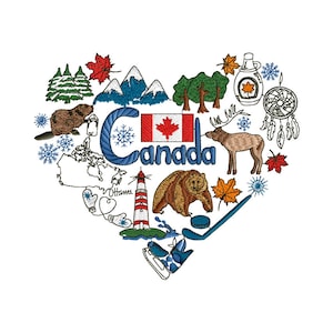 Peut inclure: Une illustration en forme de cœur d'icônes canadiennes, dont un castor, un élan, une feuille d'érable, un phare, un bâton de hockey, un ours, un attrape-rêves et le mot "Canada".