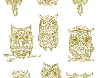 Golden Owls 9 Machine Embroidery Designs for 4"x4" hoop  D2225