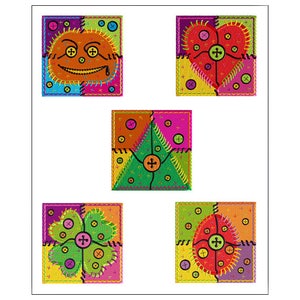 Op de afbeelding: Vijf kleurrijke patchwork-vierkanten met verschillende ontwerpen. Elk vierkant is gemaakt van vier kleinere vierkanten met verschillende kleuren en patronen. De ontwerpen omvatten een ​​lachend gezicht, een hart, een klavertjevier, een boom en een cirkel.