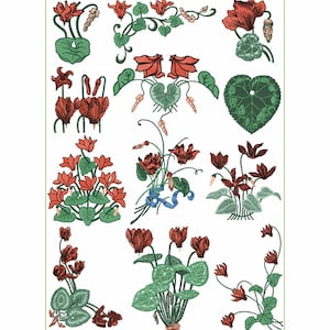 May include: A botanical illustration featuring various arrangements of red flowers and green leaves. The designs include bouquets, corner accents, and individual floral elements, all set against a white background. The style is reminiscent of vintage botanical art.