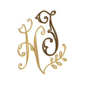 May include: A gold and brown monogram with the letters "NJ" in a decorative script font. The letters are intertwined with a floral design.