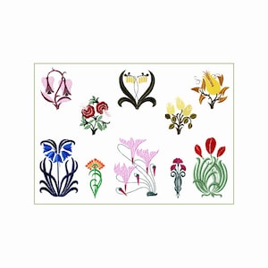 May include: A collection of colorful floral embroidery designs. The designs include roses, lilies, and other stylized flowers in various colors such as red, blue, yellow, and pink. The designs are set against a white background.