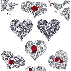 Könnte beinhalten: Ein Set aus acht schwarzen und weißen floralen Herzdesigns mit roten Blumen. Die Herzen sind mit komplizierten Blumenmustern gefüllt und perfekt zum Basteln oder Scrapbooking.