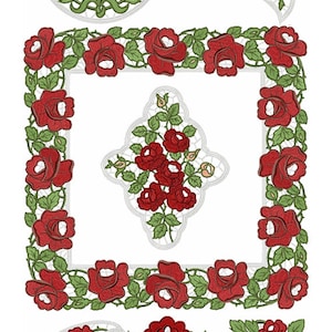 May include: A set of five embroidery designs featuring red roses and green leaves. The designs include a square frame, a round design, and three corner designs.