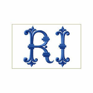 May include: Embroidered monogram of the letters "RI" in a blue color with decorative flourishes.