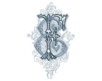 E and F #1 Two-Letter Monogram Machine  Embroidery Design in 5 Sizes - for 4" x 4"and  5" x 7" hoops
