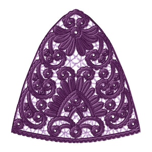 May include: Purple lace trim with a delicate floral design. The trim is shaped like a half-circle and has a scalloped edge.