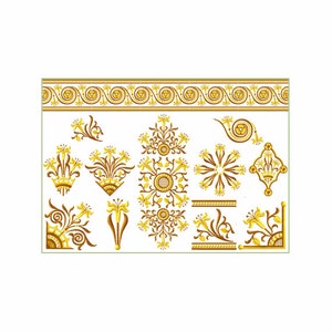 May include: A set of 12 gold and brown floral embroidery designs. The designs include a border, corner pieces, and various floral motifs.