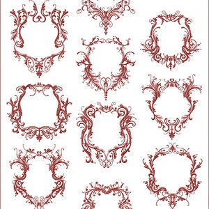 May include: Set of ten decorative frames with intricate floral designs in a maroon color. The frames are perfect for adding a touch of elegance to any project.