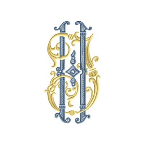 May include: A monogram with the letters "H" and "I" intertwined in a decorative, stylized font. The letters are in a blue and gold color scheme.
