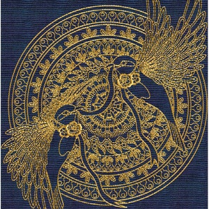 May include: A gold embroidered design of two birds with outstretched wings, set against a dark blue background. The birds are surrounded by a circular mandala pattern.