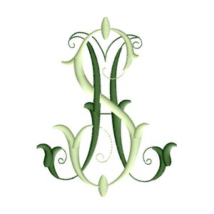 May include: A green and white monogram with the letters "S" and "A" intertwined. The letters are in a decorative script font and are surrounded by ornate flourishes.