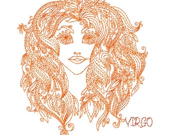 Zodiac Sign - Virgo Machine Embroidery Design - 3 Sizes 4 x 4-inch hoop, 5 x 7-inch hoop