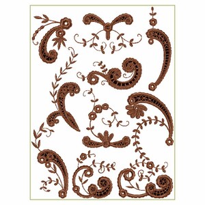 Könnte beinhalten: Ein Set mit 12 braunen, dekorativen Stickmustern mit filigranen Spiralen und floralen Motiven. Diese Designs sind perfekt, um jedem Projekt einen Hauch von Eleganz zu verleihen.