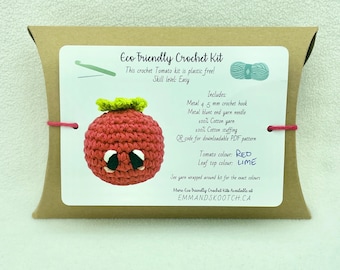 Eco friendly crochet tomato kit, amigurumi tomato plush pattern, homemade tomato toy, DIY tomato, eco friendly craft, easy crochet pattern