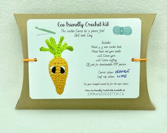 Eco friendly crochet carrot kit, amigurumi carrot plush pattern, homemade carrot toy, DIY carrot, eco friendly craft, easy crochet pattern