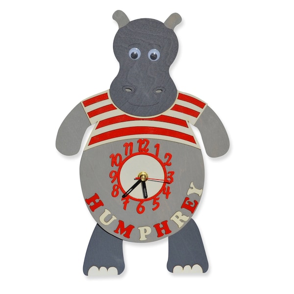 Grey Hippo Personalised Wooden Pendulum Children's Wall Clock