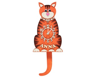 Ginger Cat Personalised Wooden Pendulum Children's Clock
