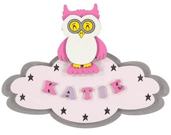 Pink Owl Personalised Door Plaque on a glittery silver cloud