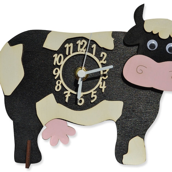 Mini-horloge en bois sur pied avec vache noire et blanche