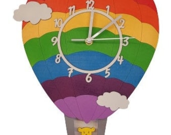 Hot Air Balloon Rainbow Personalised Wooden Pendulum Children's Clock