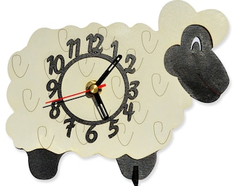 Mini horloge en bois sur pied en forme de mouton