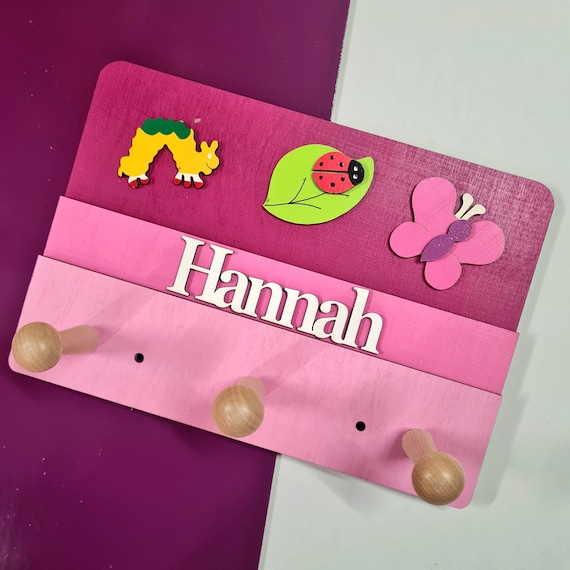 Personalised Girls Wooden Coat Rack/Hook/Pegs, Butterflies, Ladybird,  Caterpillar, Kids Bedroom Decor
