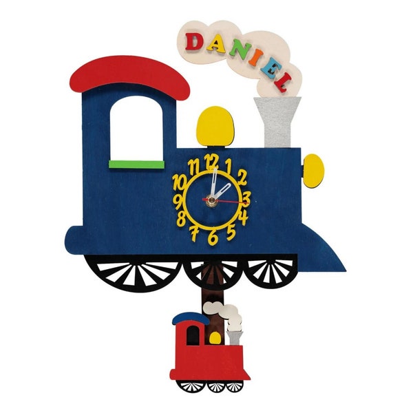 Blue Train Orologio da parete per bambini a pendolo in legno personalizzato