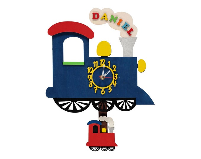 Blue Train Personalised Wooden Pendulum Children's Wall Clock