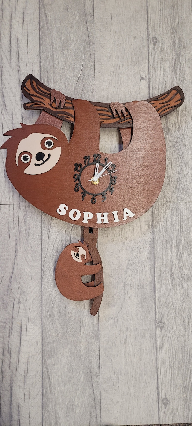 Sloth Personalised Wooden Pendulum Children's Clock image 5