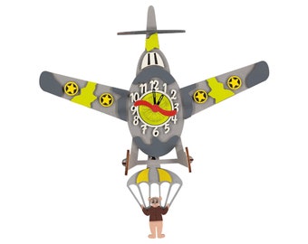 Army Aeroplane Personalised Wooden Pendulum Children's Wall Clock