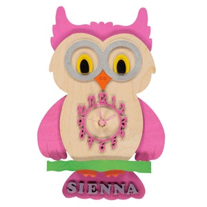 Pink Owl Personalised Wooden Pendulum Children's Clock
