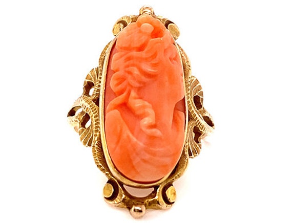 Art Noveau Hand Carved Angel Skin Coral Ring Orig… - image 1