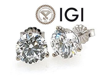 Diamond Stud Earrings 3 Carat Lab Grown D VVS2 IGI Ideal Cut 3ct 14K Pushback