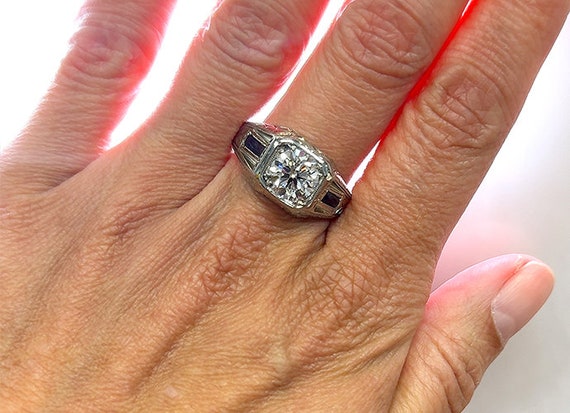 Art Deco Mens Diamond Sapphire Engagement Ring 2.… - image 6