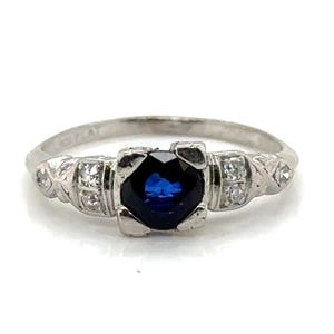 Art Deco Sapphire Diamond Engagement Ring .76ct Original 1930 Antique Platinum