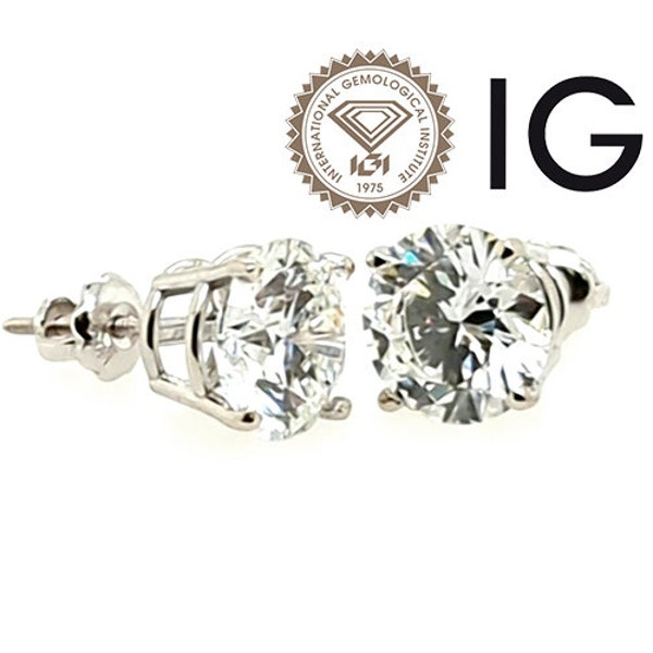 Diamond Stud Earrings 3 Carat D VS1 Round Ideal IGI Certified 14K 3ct Screwback