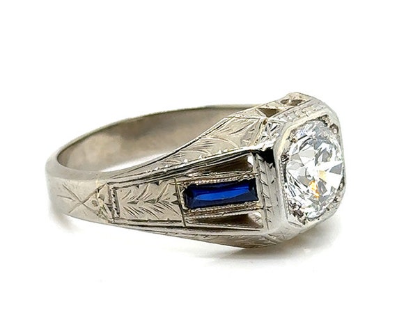 Art Deco Mens Diamond Sapphire Engagement Ring 2.… - image 3