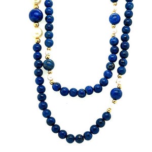 Lapis Lazuli Pearl Necklace 6-8mm 14K Yellow Gold 34 Inch Opera Length