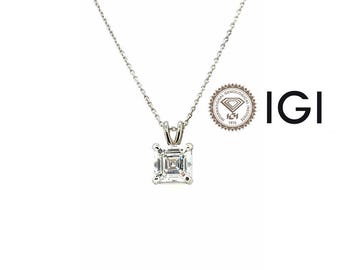 Asscher Cut Diamond Pendant Necklace 2ct D VS1 IGI Certified 14K White Gold