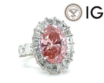13.53ct Fancy Vivid Pink Oval Lab Grown Diamond Engagement Ring | Platinum Halo Ring | Luxury Pink Diamond Ring