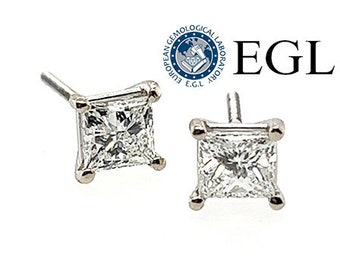 Diamond Stud Earrings 1 Carat Princess EGL Certified F/SI Natural Mined Screwback 14K Brand New