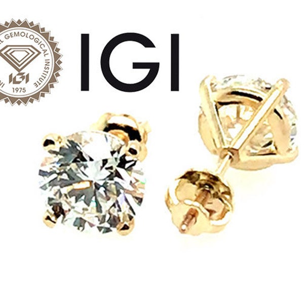 Diamond Stud Earrings IGI Certified 2.20 Carat Lab Grown D VS1 Ideal 2ct 14K Screwback