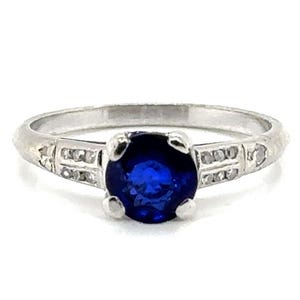 Art Deco Sapphire Diamond Engagement Ring 1.30ct Antique Platinum 1930&#39;s